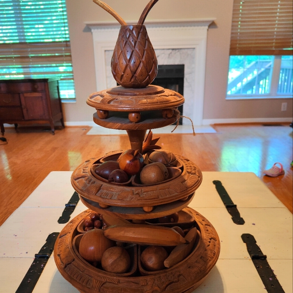 Vintage 3 Tier Hand Carved Monkey Pod Pineapple Lazy Susan with Wooden Fruit